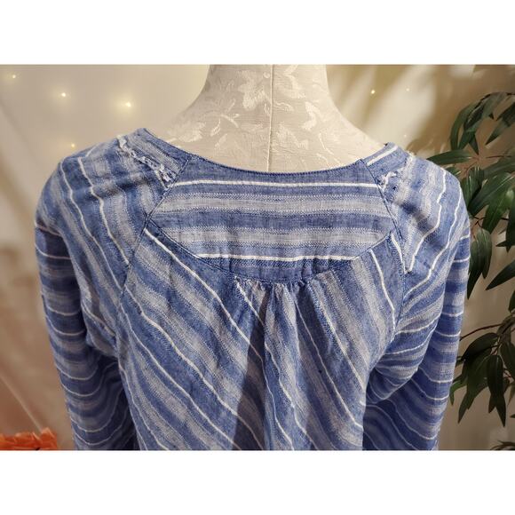 Nic + Zoe Freshwater Striped Linen Tunic Top Size L Blue Boho Raw Fringe Hem - Picture 7 of 11